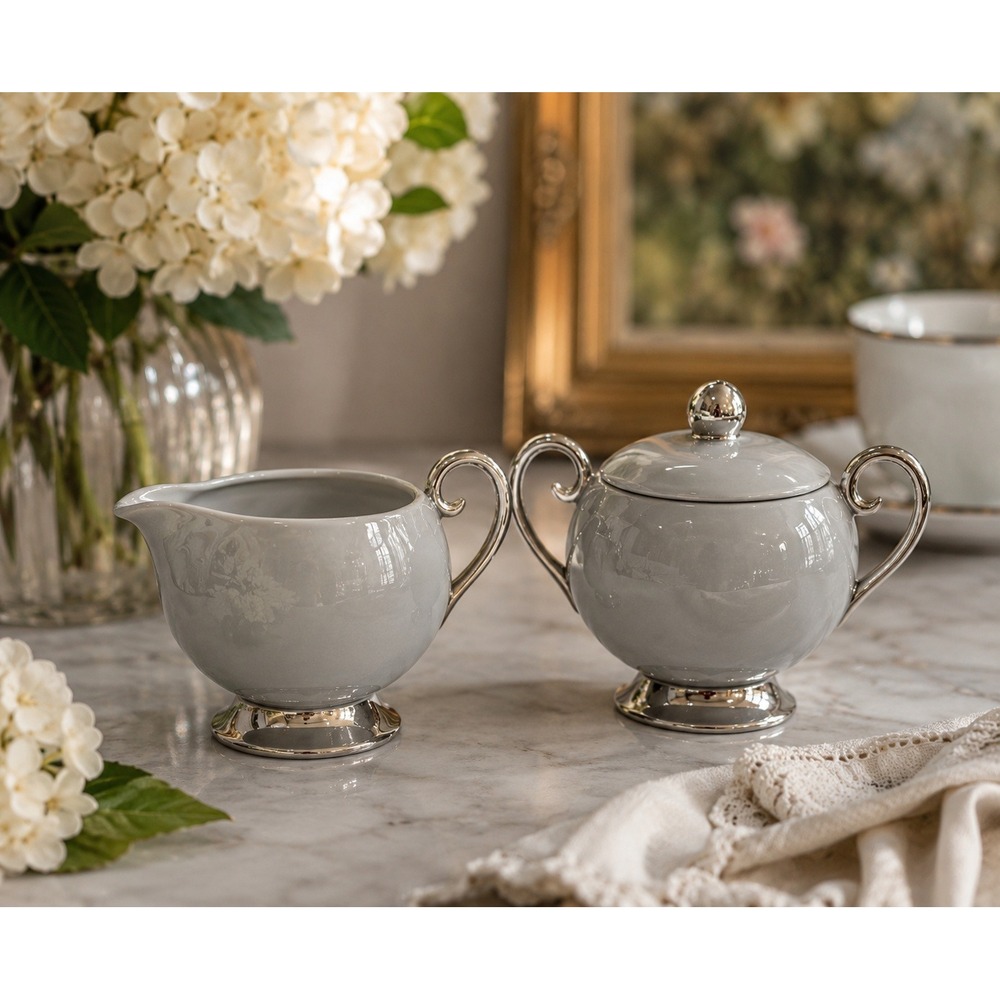 Vintage Flintridge China Gray Platinum Trim Creamer & Covered Sugar Bowl Set USA